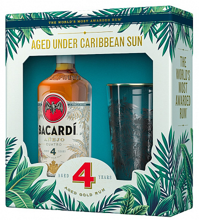 "Bacardi" Anejo Cuatro, в подарочной упаковке+ 1 стакан